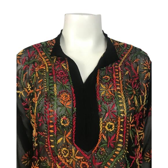 Vintage Black Sheer Rainbow Embroidery Tunic Dress / Women’s Medium - Picture 2 of 6